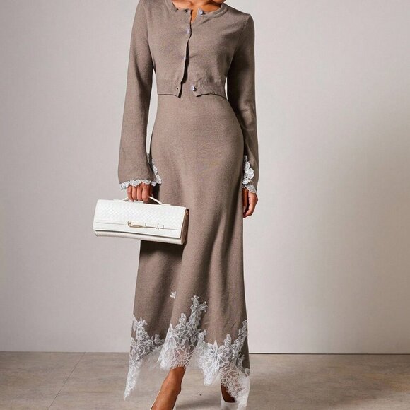 Elegant Women's Sleeveless Lace Trim Dress with Cardigan Set - Picture 3 of 14